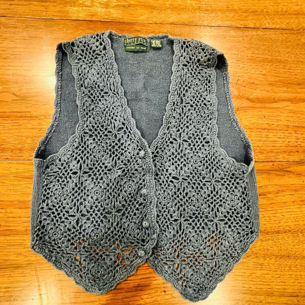 Vintage Cherry Stix Limited Blue Hand Knitted Crochet Lace Vest V-Neck One Size